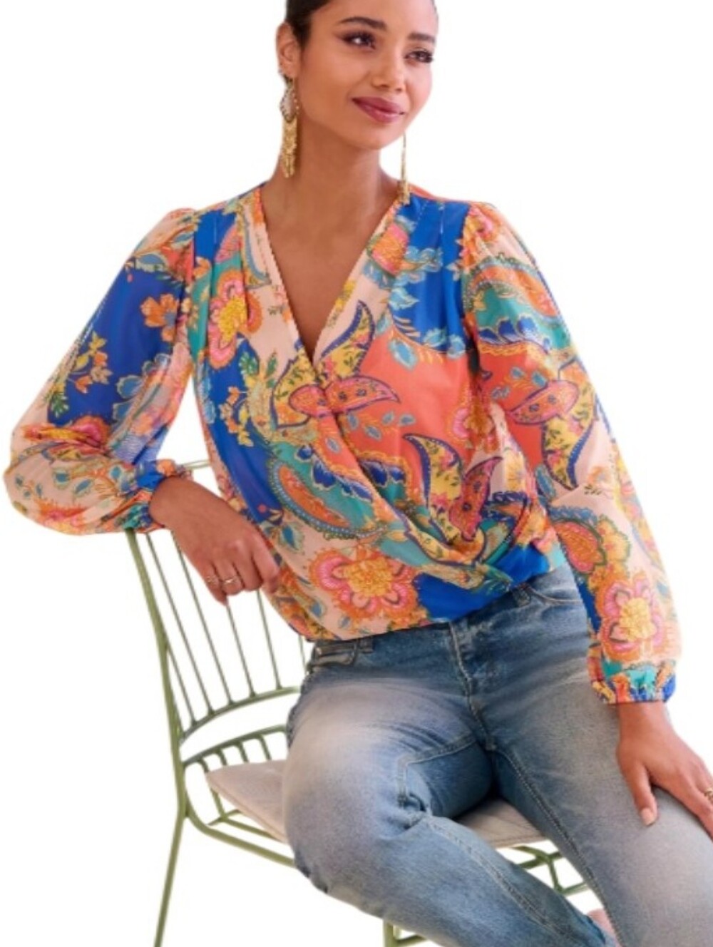 Boston Proper Paisley Mesh Surplice Long Sleeve Knit Top Multicolor